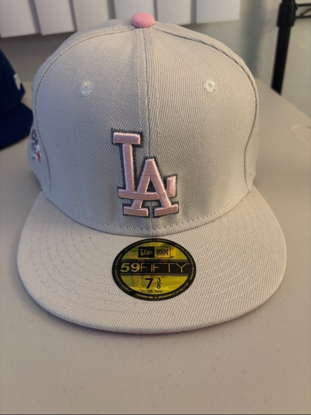 New Era LA Dodgers Cream Hat with Pink Logo 7 3/8